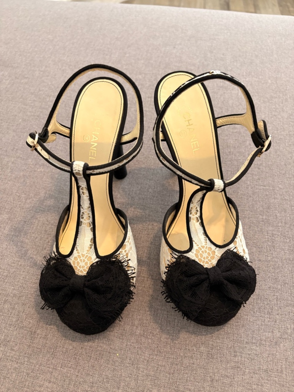 CHANEL White Lace T-Strap Heels with Black Trim and Bow